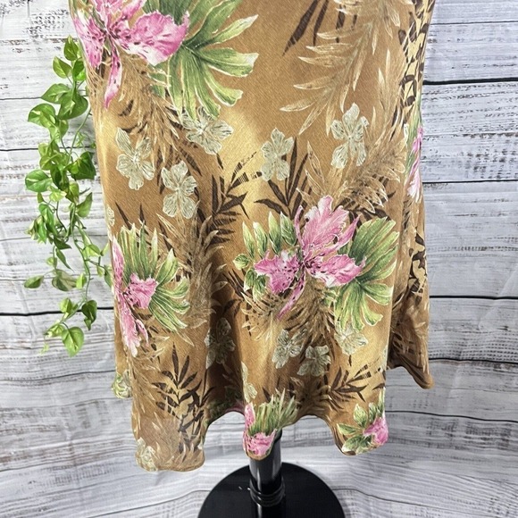 Charter Club Skirt size 16 Brown Green Pink Floral Linen Silk Bias A Line Knee - Picture 7 of 13